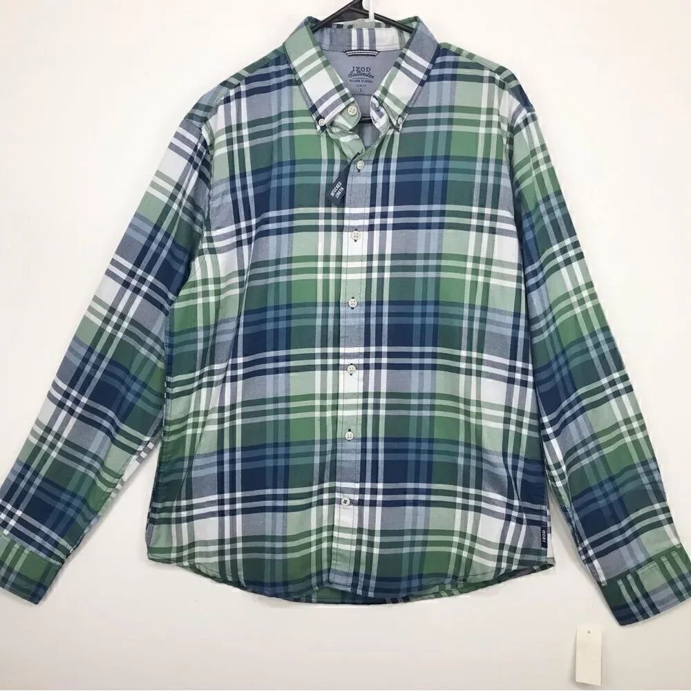 IZOD Saltwater Blue Green Plaid Untucked Length Long Sleeve Button Down Shirt
